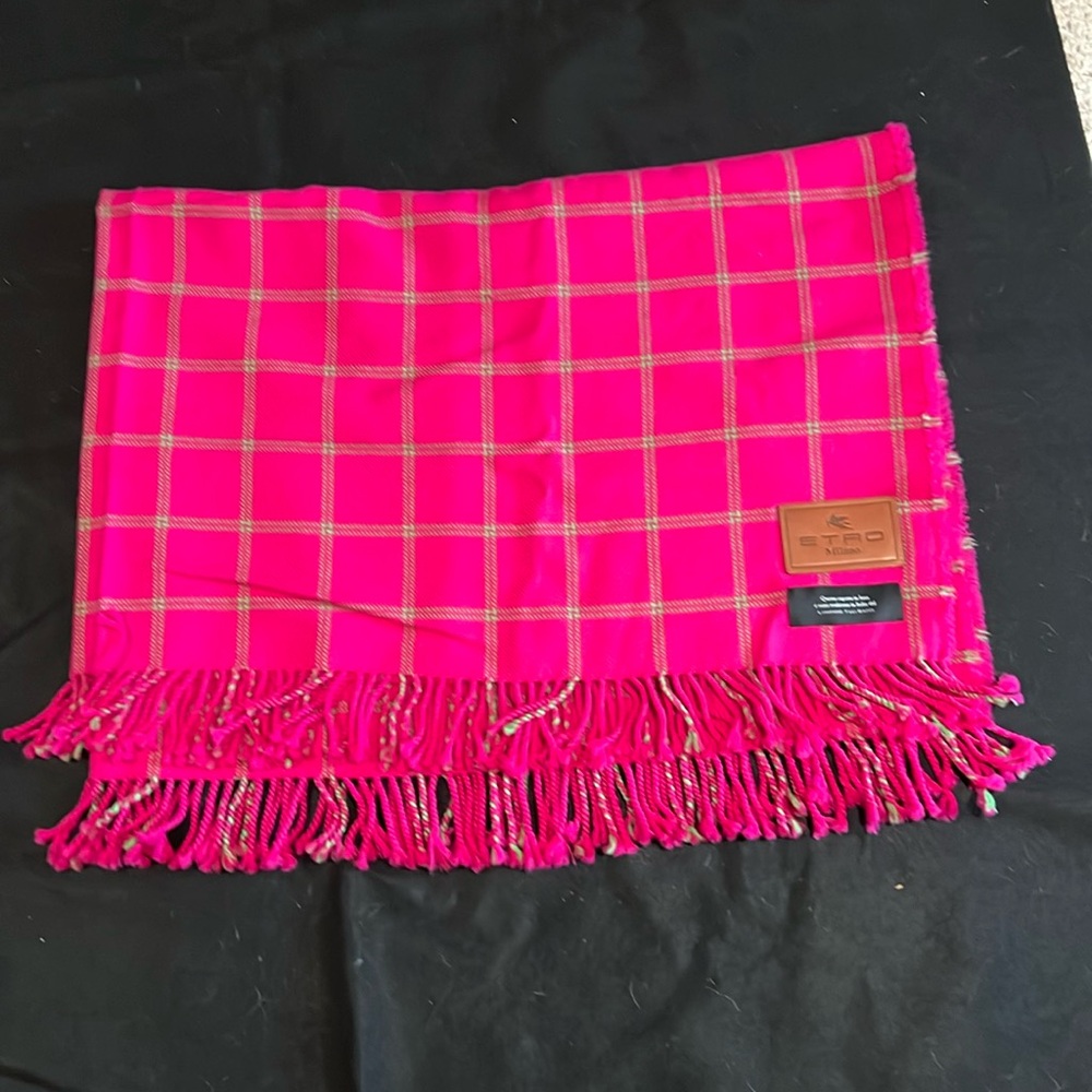 Etro Fuchsia Pink Windowpane Fringe Scarf